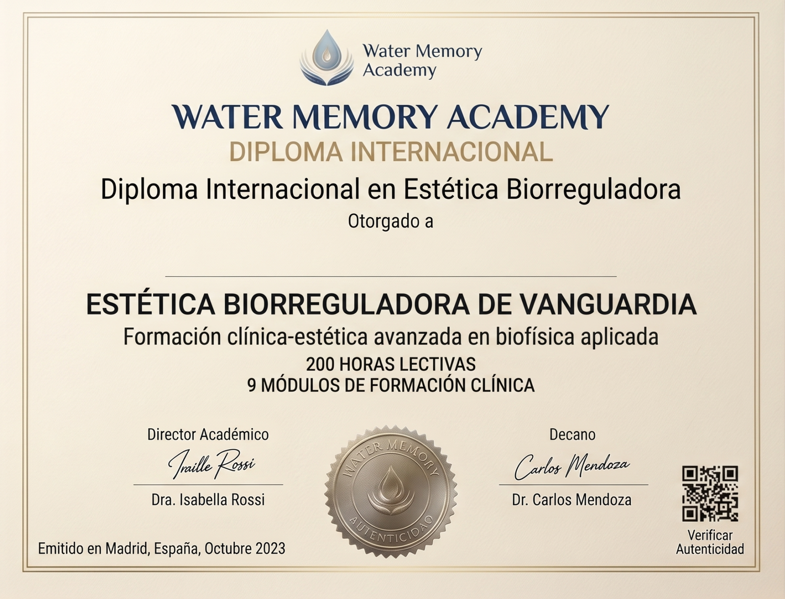 Imagen oficial del diploma internacional en Estética Biorreguladora de Water Memory Academy